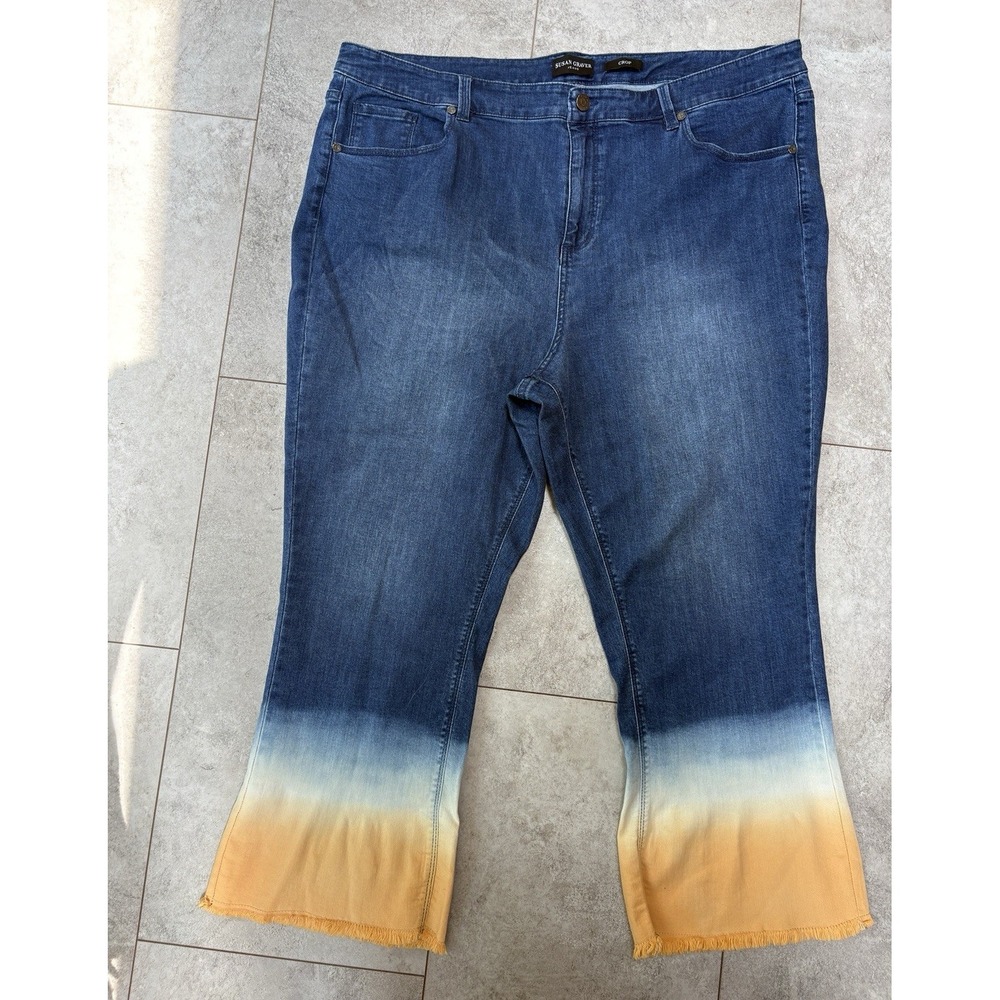 Susan Graver Size 22W Crop Jeans Dip Dye Hem Stretch Plus Size Festival Beach